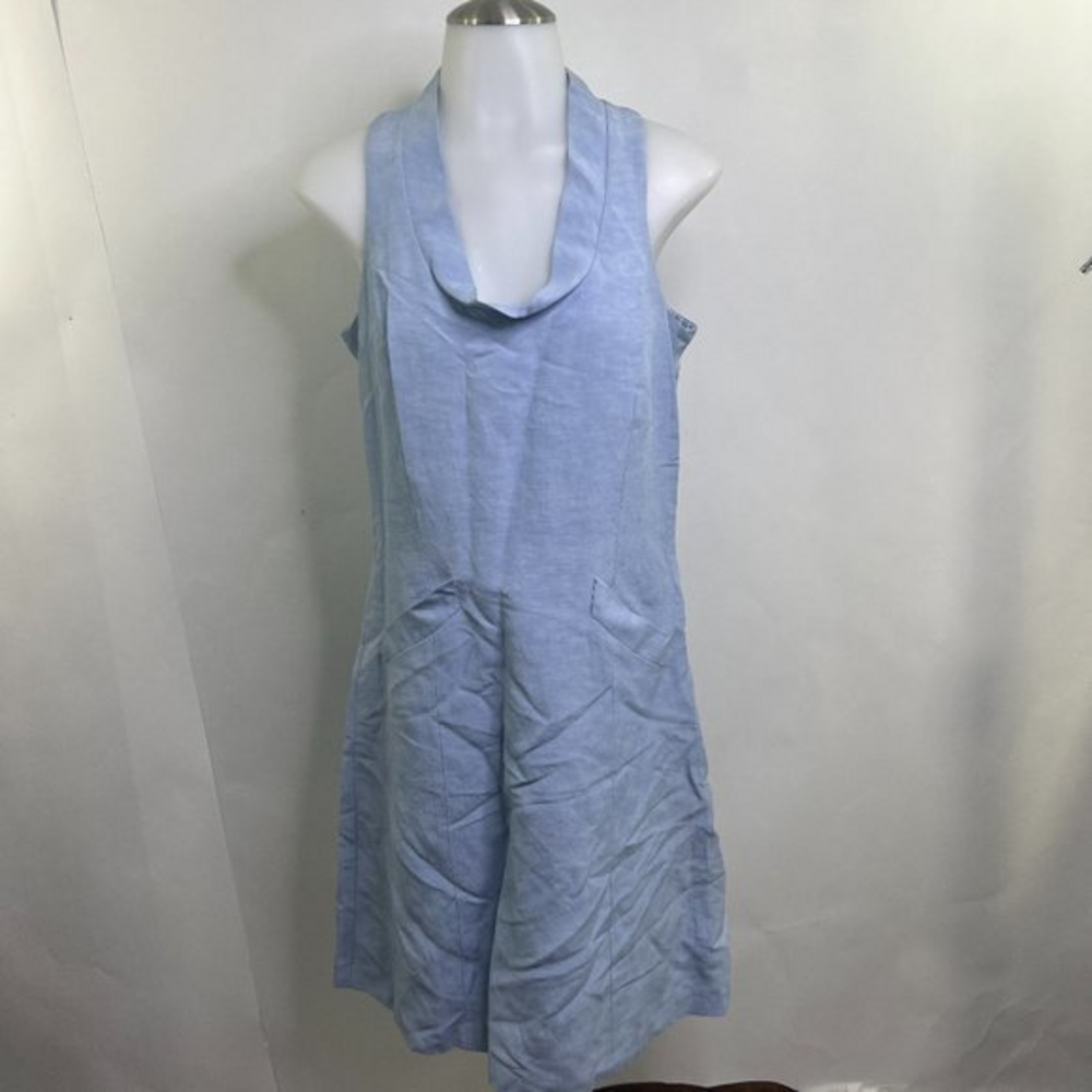 Zenobia Dress 6 Blue Silk Linen Sheath Pockets Cowl Neck A-line Light Sleeveless